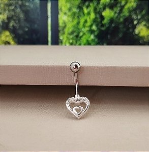 Piercing Umbigo Com Pingente Coração - Prata 925 e Aço Cirúrgico -MB770-2154
