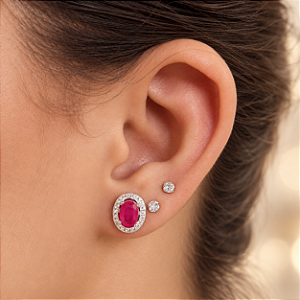 Brinco Oval Luxo Cravejado Rosa Pink - Prata 925 - MB800-3177
