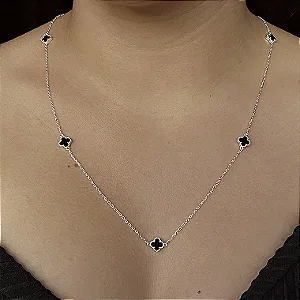 Gargantilha Longuinha Com Trevos Preto - Prata 925 - MC520-64160