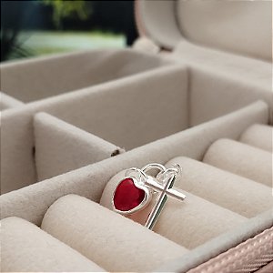 Pingente Patuá (Crucifixo e Ponto de Luz Coração Vermelho) - Prata 925 -PG195-0922