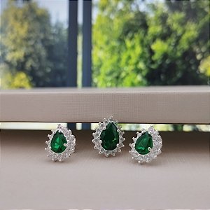 Conjunto Gota Cravejado (Brincos e Pingente) - Prata 925 -MCJ85-51128