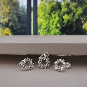 Conjunto Com Estrelinhas Cravejado (Brincos e Pingente) - Prata 925 -MCJ86-3075
