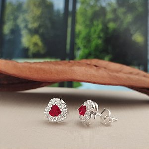 Brinco Coração Cravejado Pedra Vermelha - Prata 925 -MB857-2255