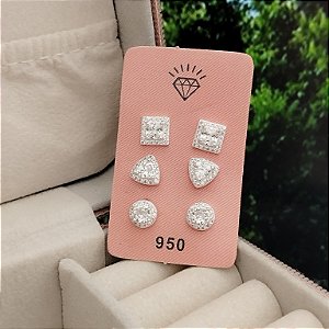 Trio de Brincos Geométrico Cravejado - Prata 925 -MB861-48120
