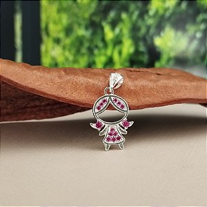 Pingente Menina Cravejada C/ Zircônias Rosa - Prata 925 -PG223-1435