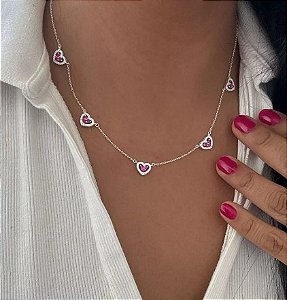 Gargantilha Luxo Coração Rosa Pink - Prata 925 - MC574-60150