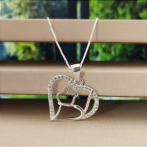 Gargantilha Coração Cravejado Com Gatinho - Prata 925