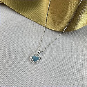Gargantilha Coração Cravejado Azul Turquesa - Prata 925