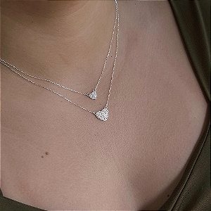 Gargantilha Dupla Coração Cravejado - Prata 925