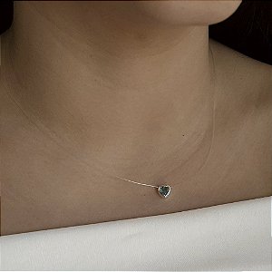 Gargantilha Ponto de Luz Coração Nylon Verde Água - Prata 925 -MC593-1948