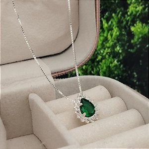 Gargantilha Gota Verde Cravejada - Prata 925 - MC561-1268