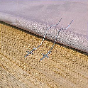 Brinco Com Correntinha e Crucifixo - Prata 925 -MB889-1435