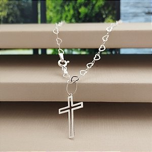 Gargantilha Coração Vazado C/ Crucifixo - Prata - 925 -MC625-3284
