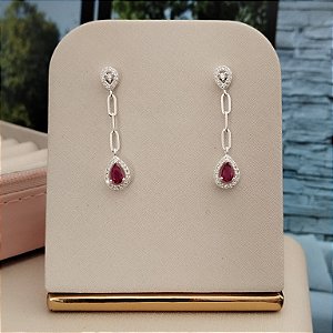 Brinco Pêndulo Gota Cravejado Rosa Pink- Prata 925-MB909-2974