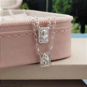 Escapulário Coração de Jesus - Nossa Senhora do Carmo Dupla Face - Prata 925 - 60cm -MC647-60135