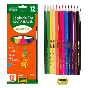 Lápis de Cor Aquarelável 12 cores c/Pincel - UND - LEO E LEO