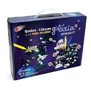 Quebra - Cabeça 4 EM 1 para colorir GALAXIA - KIT C/ 72 PECAS E 3 HIDROCOR - LEO e LEO