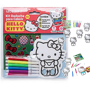 Kit dedoche para colorir HELLO KITTY  - BLISTER C/ 6 CARDS + 6 CANETAS HIDROCOR + 1 CARTELA DE ADESIVO - LEO E LEO