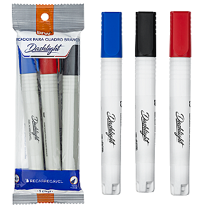 Marcador QUADRO BRANCO DASHLIGHT RECARREGÁVEL - BLISTER C/ 3 UND SORTIDAS - BRW