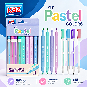 Kit Escolar 4 Marca textos + 4 Canetas em GEL- TONS PASTEL - KAZ