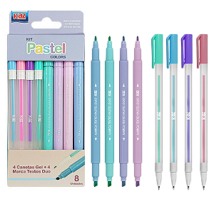 Kit Escolar 4 Marca textos + 4 Canetas em GEL- TONS PASTEL - KAZ