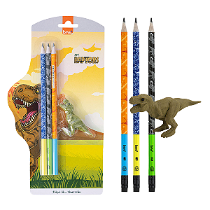 Kit Escolar   RAPTORS (3 LÁPIS HB + 1 BORRACHA) - BLISTER - BRW