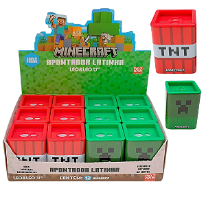 Apontador  Latinha  MINECRAFT QUADRADO DUPLO -  DISPLAY 12 UND  - LEO E LEO