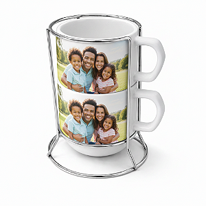 Kit 2 Xícaras Branca de Cerâmica Sublimação de 150ml e Suporte de Metal