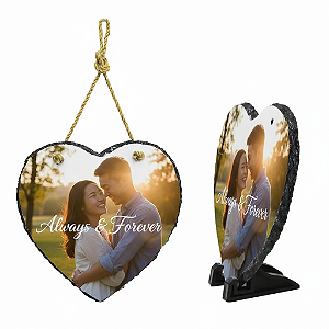 Porta-Retrato de Pedra Formato Coração com Corda sublimação 18 x 18,5cm.