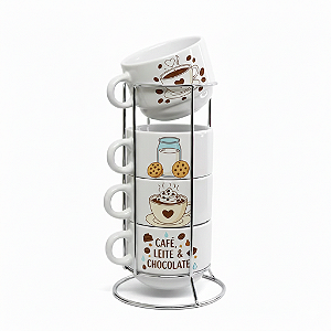 Kit 4 Xicaras de 200ml e Suporte de Metal.