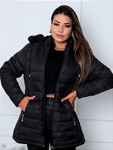 Jaqueta ParKa Feminina Dupla Face Nylon/Peluciada Preto