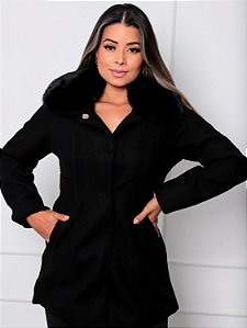 Casaco Parka Lã Batida Botão Forrado Gola Pelúcia Removível - Preto