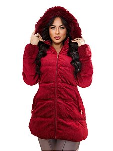 Jaqueta Feminina Parka Veludo/Peluciada Com Capuz Vermelho