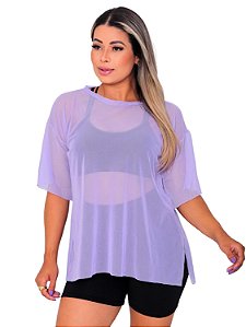 Blusa Tule Feminina Fitness Academia Manga Curta Lilás