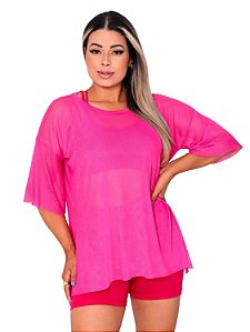 Blusa Tule Feminina Fitness Academia Manga Curta Rosa Pink