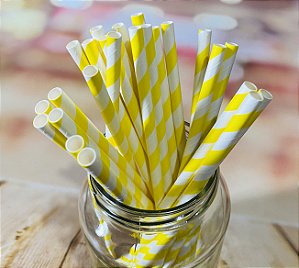25 Canudos De Papel Biodegrádavel Vintage Listras Amarela   (Ex)