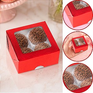 10 Caixa P/4 Doces VERMELHO Textura com Visor PVC 8,5x8,5x4