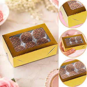 10 Caixa P/6 Doces OURO Textura com Visor PVC