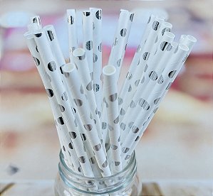 25 Canudos De Papel Biodegradável Prata  Bolinha cod 08  (Ex)