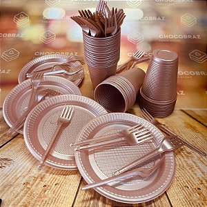 Kit Festa 50 PESSOAS DESCARTAVEIS ROSÊ GOLD PEROLADO GARFO + PRATO + COPO