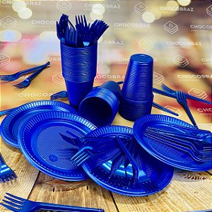 Kit Festa 50 PESSOAS DESCARTAVEIS AZUL PETRÓLEO PEROLADO GARFO + PRATO + COPO