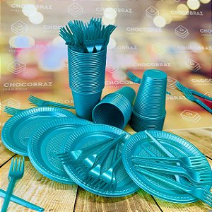 Kit Festa 50 PESSOAS DESCARTAVEIS VERDE PEROLADO GARFO + PRATO + COPO