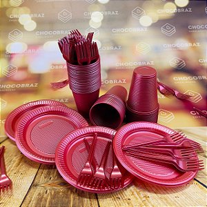 Kit Festa 50 PESSOAS DESCARTAVEIS VERMELHO PEROLADO GARFO + PRATO + COPO