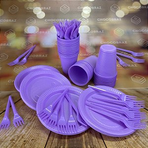Kit Festa 50 PESSOAS DESCARTAVEIS LAVANDA CANDY COLORS PEROLADO GARFO + PRATO + COPO