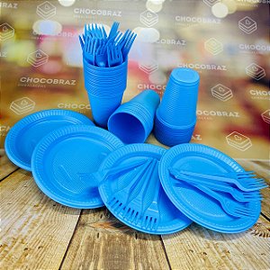 Kit Festa 50 PESSOAS DESCARTAVEIS AZUL CLARO CANDY COLORS GARFO + PRATO + COPO