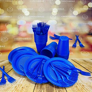 Kit Festa 50 PESSOAS DESCARTAVEIS AZUL GARFO + PRATO + COPO
