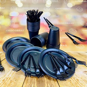 Kit Festa 50 PESSOAS DESCARTAVEIS PRETO GARFO + PRATO + COPO