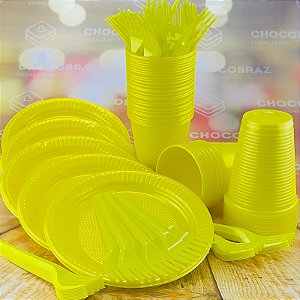 Kit Festa 50 PESSOAS DESCARTAVEIS AMARELO GARFO + PRATO + COPO