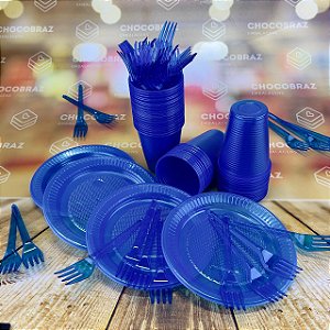 Kit Festa 50 PESSOAS DESCARTAVEIS AZUL NEON GARFO + PRATO + COPO
