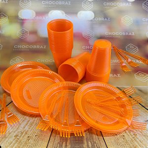 Kit Festa 50 PESSOAS DESCARTAVEIS LARANJA NEON GARFO + PRATO + COPO